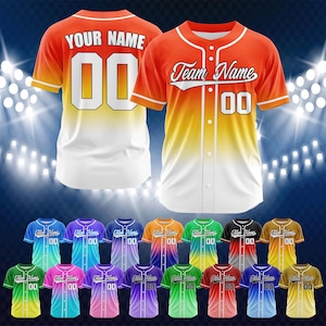 May include: Baseball jerseys in various colors, including orange, blue, green, and purple. Each jersey features a team name and the number "00". The jerseys have a gradient design, transitioning from a darker color at the top to white at the bottom. The text "YOUR NAME" is visible on the back of one jersey.