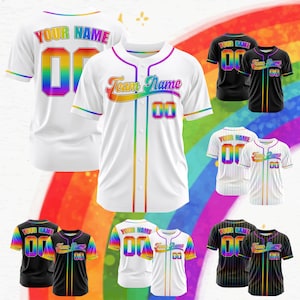 May include: Baseball jerseys in white, black, and pinstriped designs, featuring rainbow-colored accents and text. The jerseys display the text "YOUR NAME" and "Team Name" with the number "00". The jerseys have a button-up front and short sleeves.