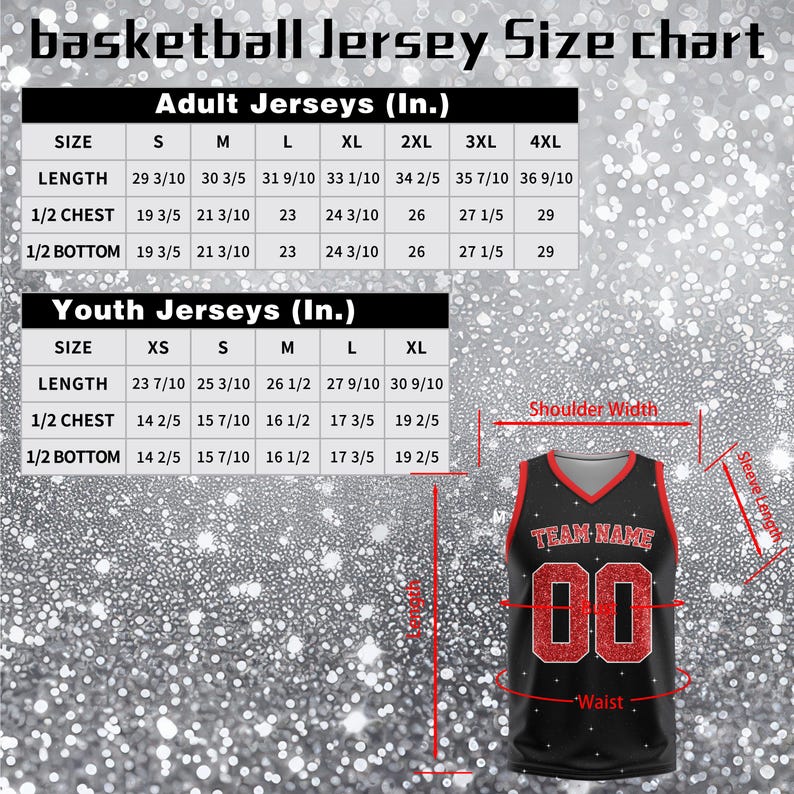 May include: Black basketball jersey with red accents, featuring a size chart for adult and youth sizes in inches. The jersey has a V-neck and the text "TEAM NAME" above the number "00".