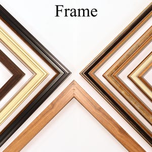 May include: An assortment of picture frames in various styles and colors, including dark brown, black, and gold. The word "Frame" is displayed at the top. The frames are arranged at angles, showcasing their different designs and textures.