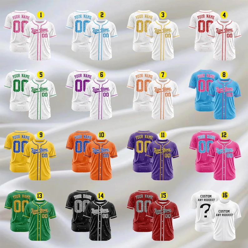 May include: A collection of baseball jerseys in various colors, including white, blue, gold, red, green, purple, orange, and pink. Each jersey features custom text and the number "00". The jerseys are displayed in pairs.