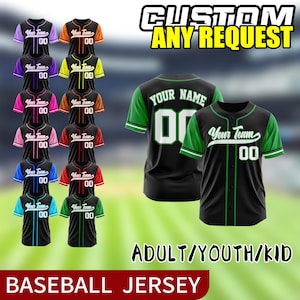May include: Baseball jerseys in various colors, including black, purple, and red, with the text "Your Team" and the number "00". The image also displays the text "CUSTOM ANY REQUEST" and "ADULT/YOUTH/KID BASEBALL JERSEY".