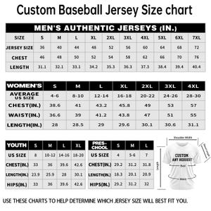 May include: A baseball jersey size chart with measurements in inches for men's, women's, and youth sizes. The chart includes chest, length, and waist measurements, as well as a diagram of a jersey with labeled areas for custom requests.