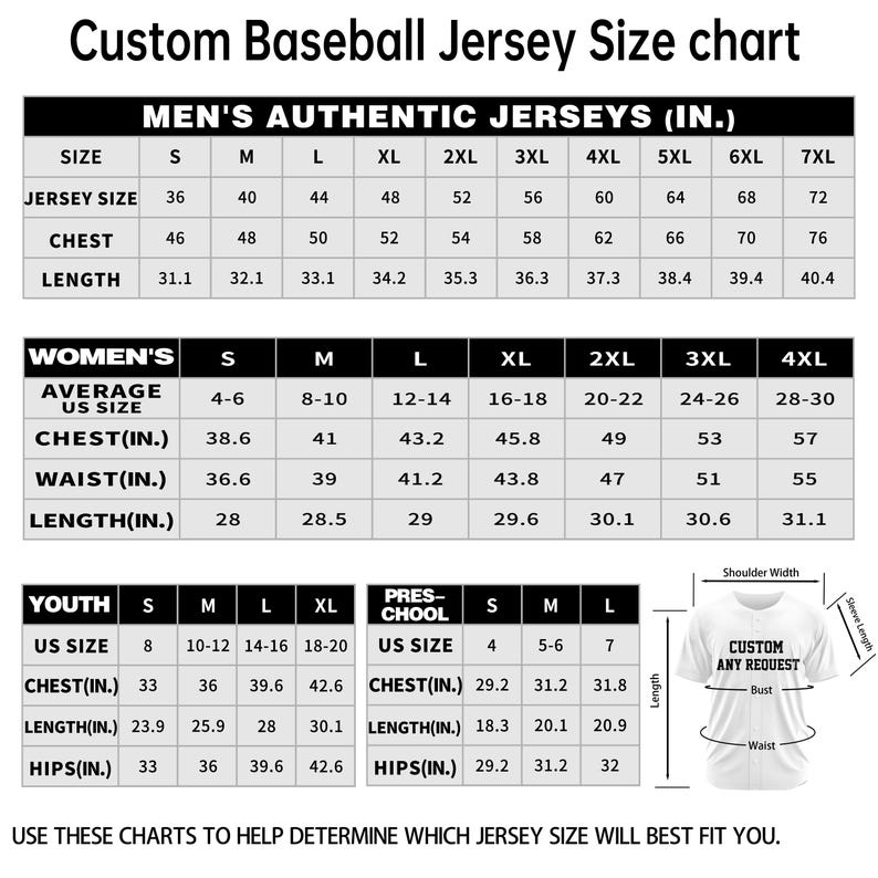 May include: A baseball jersey size chart with measurements in inches for men's, women's, and youth sizes. The chart includes chest, length, and waist measurements, as well as a diagram of a jersey with labeled areas for custom requests.