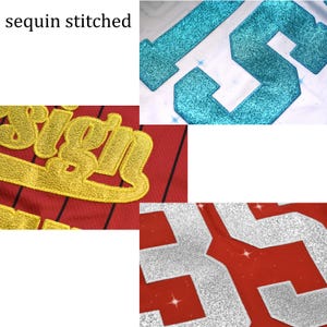 May include: Close-up shots of sequin-stitched designs. The image shows the number "35" in sparkling teal and silver, and the word "sign" in gold. The background fabrics are red and white.