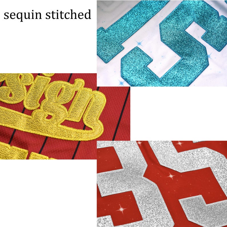 May include: Close-up shots of sequin-stitched designs. The image shows the number "35" in sparkling teal and silver, and the word "sign" in gold. The background fabrics are red and white.
