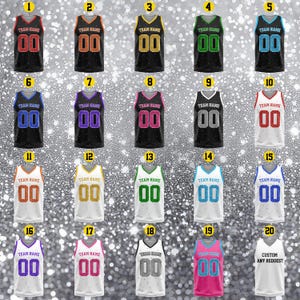May include: A collection of twenty customizable basketball jerseys. Each jersey features the text "TEAM NAME" and the number "00" in various color combinations, including black, white, green, blue, and pink. The last jersey has the text "CUSTOM ANY REQUEST".