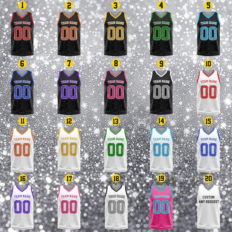 May include: A collection of twenty customizable basketball jerseys. Each jersey features the text "TEAM NAME" and the number "00" in various color combinations, including black, white, green, blue, and pink. The last jersey has the text "CUSTOM ANY REQUEST".