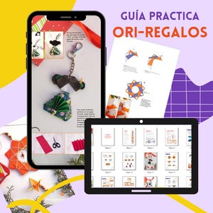 Puede incluir: Una guía para hacer regalos de origami, con instrucciones y diagramas sobre cómo doblar diferentes formas. La guía se muestra en la pantalla de un teléfono y una tableta. La guía incluye una variedad de diseños de origami, incluyendo una estrella, una flor y un pájaro.