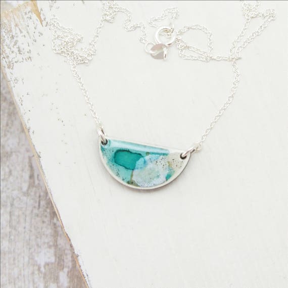 Handmade semi-circle pendant necklace with watercolour print on sterling silver chain - Aqua.