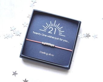 21st Birthday jewellery charm bracelet gift boxed handmade sterling silver and cord friendship gift for her girl woman daughter turning 21