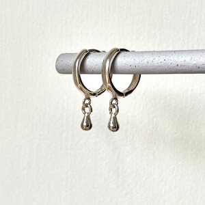 May include: Silver hoop earrings with a teardrop charm hanging from each hoop.