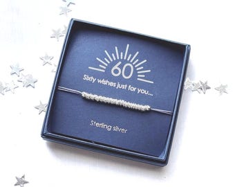 60th Birthday jewellery charm bracelet gift boxed handmade sterling silver and cord friendship gift for her woman Mum Mom Sister Aunt