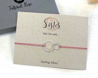 Two link charm bracelet, gift for Sister, sterling silver round links on adjustable cord bracelet with sliding clasp, gift boxed