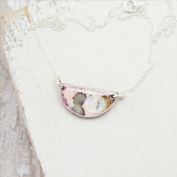 Handmade semi-circle pendant necklace with watercolour print on sterling silver chain - blush.