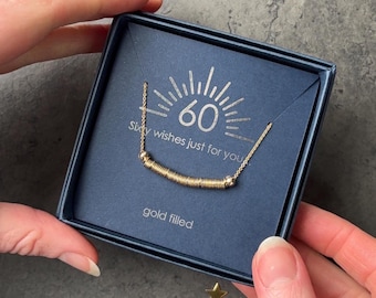 Gold 60th Birthday necklace featuring 60 gold filled links on delicate chain.