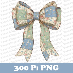 May include: A large, decorative bow with a patchwork design. The bow features squares of floral fabric in shades of blue, green, and cream. The text "300 Pi PNG" is at the bottom of the image.