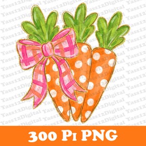 May include: Watercolor illustration of three orange carrots with white polka dots and green tops. A pink plaid bow with gold glitter accents is tied between the carrots. The image includes the text "300 Pi PNG".