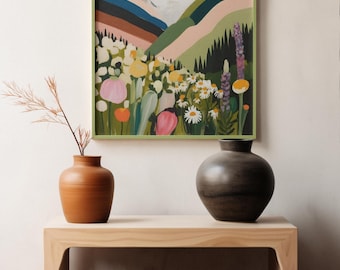 山の野生の花の風景アートプリント、印刷可能な山の風景の壁アート