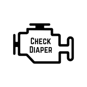 May include: A black and white graphic depicting an engine outline with the words "CHECK DIAPER" inside. The image humorously replaces the car's check engine light with a diaper-related message.