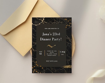 Black and Gold Birthday Invitation | Elegant Dinner Party Invite | Printable & Editable Digital Template