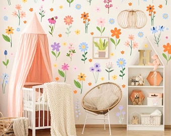 Stickers muraux floraux bohèmes : chambre de bébé art déco, stickers fleurs aux couleurs vives
