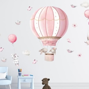 Cartoon Cute Rabbit & Pink Hot Air Balloon Wall Sticker – 2pcs Self-Adhesive Decals – Whimsical Rabbit , Balloon Pattern Wall Decor for Home