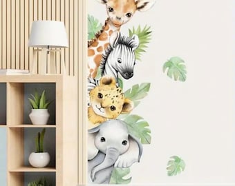 Sticker mural aquarelle animal de la jungle : oeuvre d&#39;art Safari pour chambre d&#39;enfant