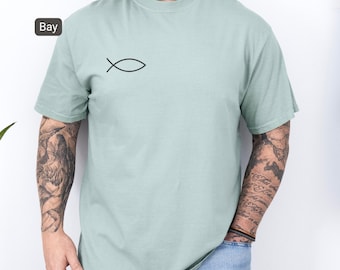 Minimalistisches christliches T-Shirt - Tasche Ichthys Fisch Symbol T-Shirt - Subtiler Glaube Shirt - Religiöses Geschenk für Männer Frauen - Jesus Fisch Kleidung