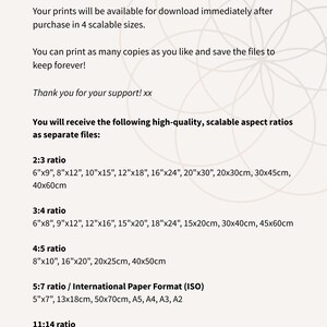 May include: Digital download of printable art in various aspect ratios, including 2:3, 3:4, 4:5, 5:7, and 11:14. The image shows the different sizes available for each ratio, including inches and centimeters.