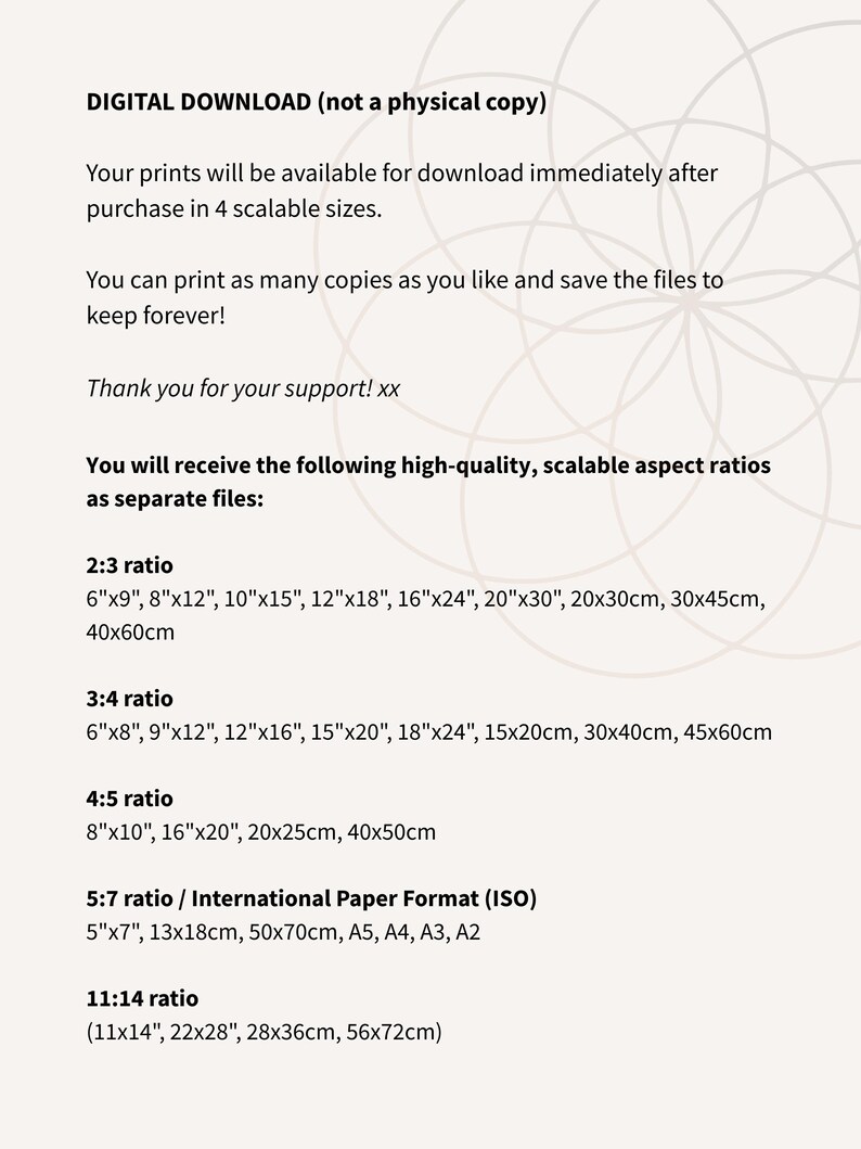 May include: Digital download of printable art in various aspect ratios, including 2:3, 3:4, 4:5, 5:7, and 11:14. The image shows the different sizes available for each ratio, including inches and centimeters.