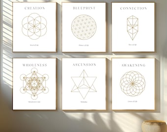 Sacred Geometry Wall Art Bundle – 6 Printable Spiritual Symbols | Digital Download Set | Flower of Life, Seed of Life, Metatrons Cube + More