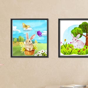 Cute Bunny Wall Art Set – Pastel Rabbit Prints for Nursery, Kids Room Decor, Animal Watercolor Illustrations, Digital Download