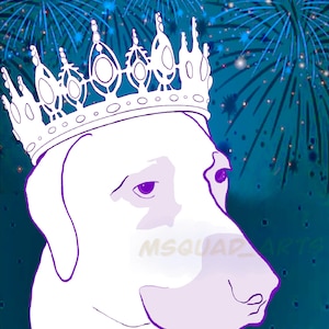 May include: A white dog wearing a white crown with purple accents. The dog is looking to the right. The background is a blue and purple abstract design with fireworks.