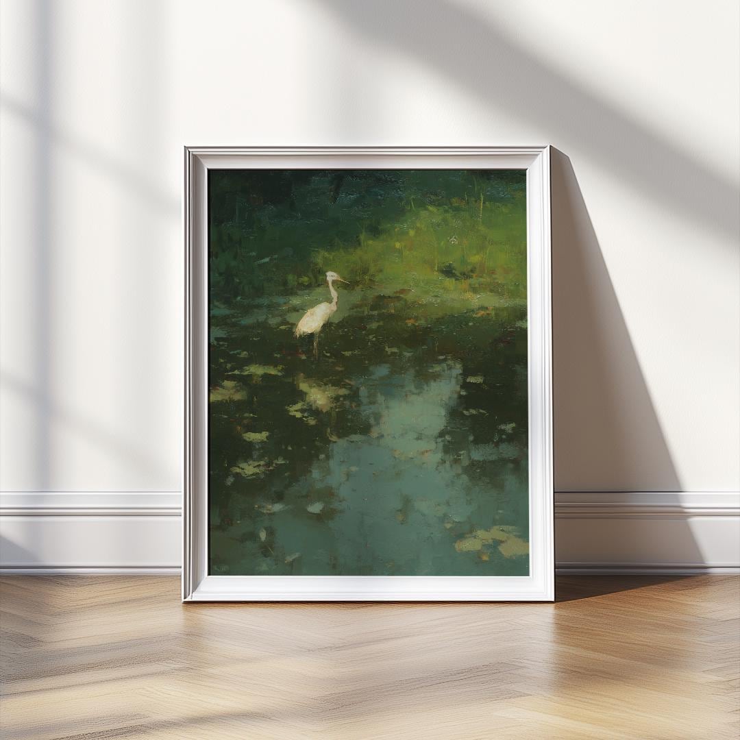 Crane in Lake | Moody Landscape Art Print | Painterly Nature Wall Art ...