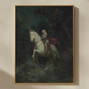 Woman Knight Riding Unicorn Art Print | Dark Fantasy Painting | Fairycore Wall Art | Dark Academia Decor | Cottagecore Illustration
