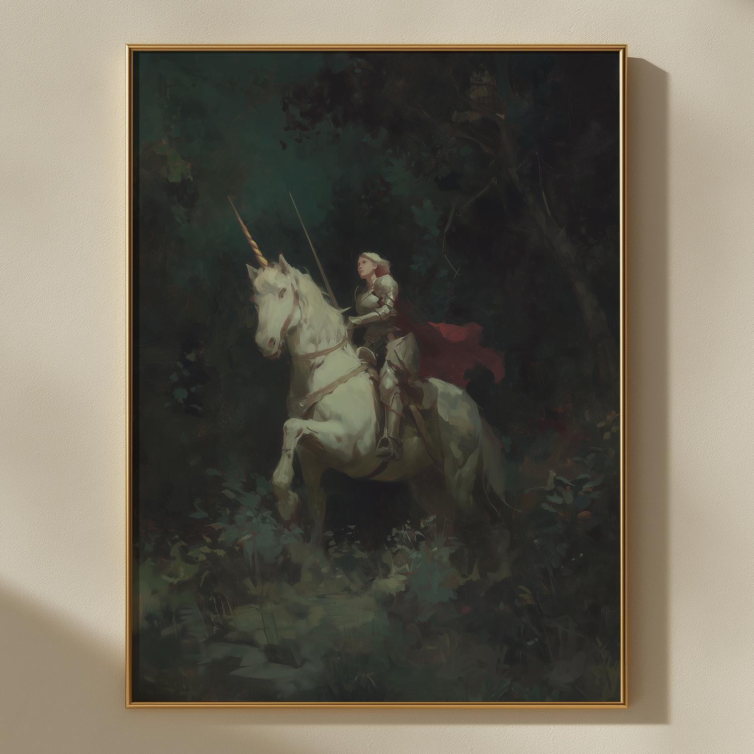 Impresión artística de una caballero cabalgando un unicornio / Pintura de fantasía oscura / Arte mural de estilo hada / Decoración de Dark Academia / Ilustración cottagecore