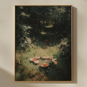 Mushroom Fairy Ring Art | Moody Woodland Landscape Painting | Enchanted Forest Decor | Cottagecore Painting | Vintage Floral Wall Decor