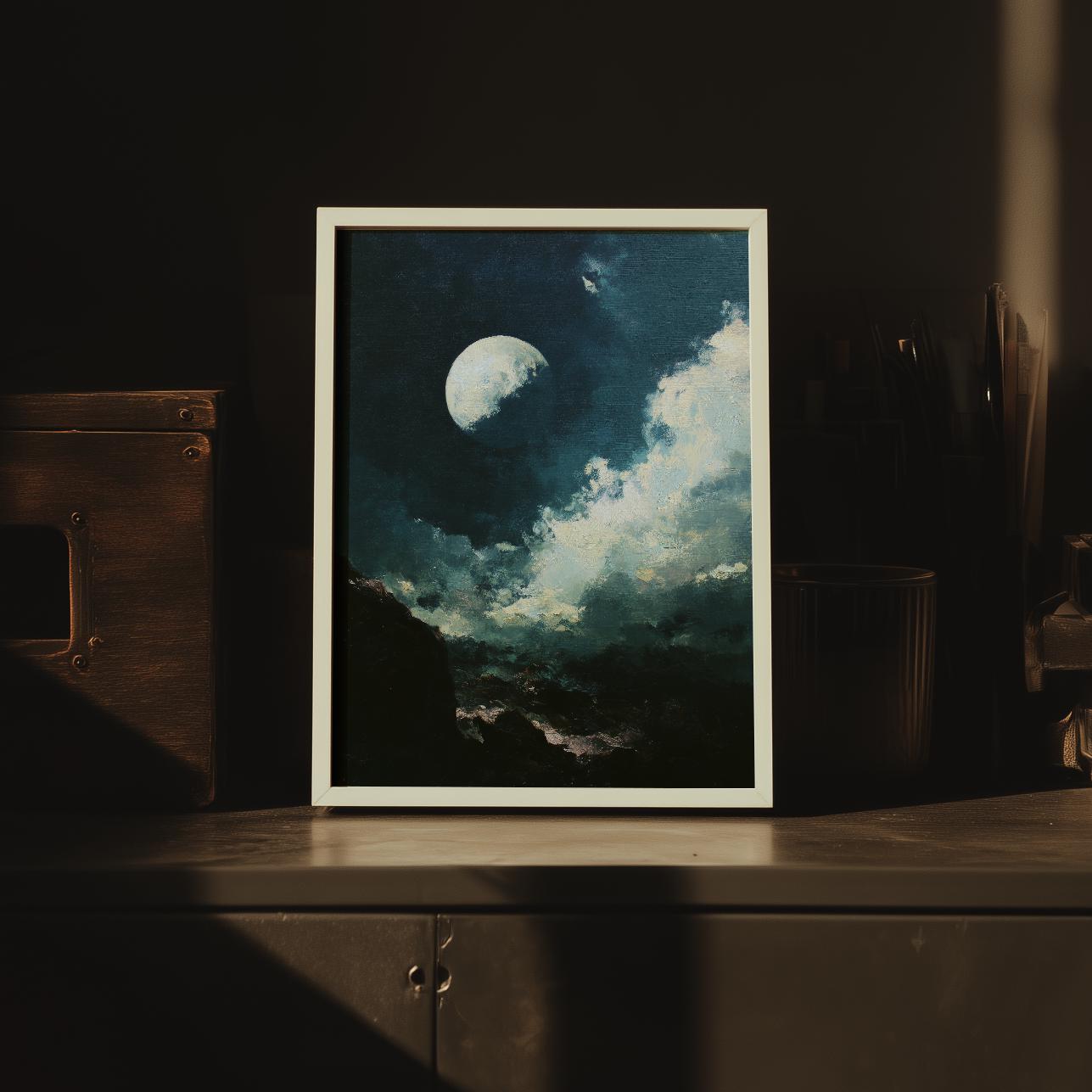 Moon Landscape Painting | Dark Night Sky Art | Dramatic Cloud Wall ...