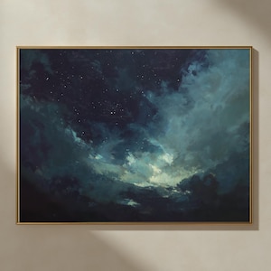 Night Sky Oil Painting | Starry Night Illustration | Vintage Celestial Art | Moody Wall Art | Impressionistic Textured Sky Painting