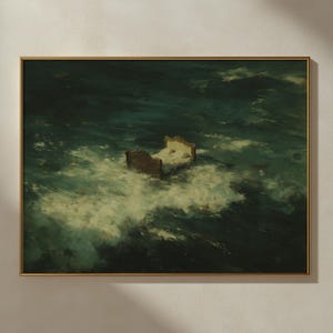 Impresión de pintura al óleo "Cama surrealista en el mar" - Obra de arte oceánica tormentosa - Decoración de pared para dormitorio con un toque melancólico - Arte mural dramático - Decoración surrealista para el hogar