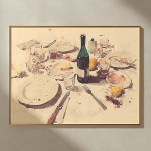 Kunst voor etentje | Gezellige keukenmuurkunst | Decoratie barwagen eetkamer | Eten en wijn schilderen | Stilleven na het eten | Aquarelschets