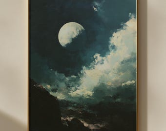 Moon Landscape Painting | Dark Night Sky Art | Dramatic Cloud Wall Decor | Gothic Home Decor | Celestial Wall Art | Dark Academia Decor