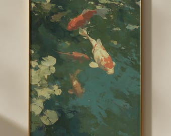 Koi Fish Oil Painting | Yoga Meditation Room Decor | Zen Pond Print  | Water Lily Art | Feng Shui Wall Art | Calm Tranquil Nature Artwork