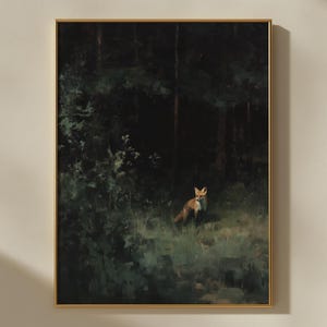 Dipinto ad olio vintage di volpe / Stampa artistica di foresta drammatica / Arte con animali del bosco / Decorazione Dark Academia / Arte murale Dark Fantasy / Decorazione Cottagecore