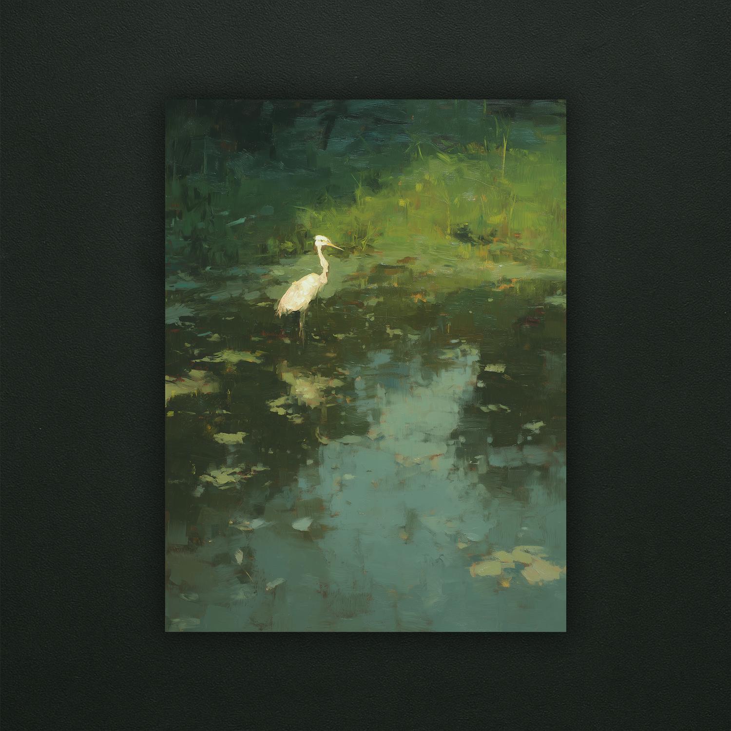 Crane in Lake | Moody Landscape Art Print | Painterly Nature Wall Art ...