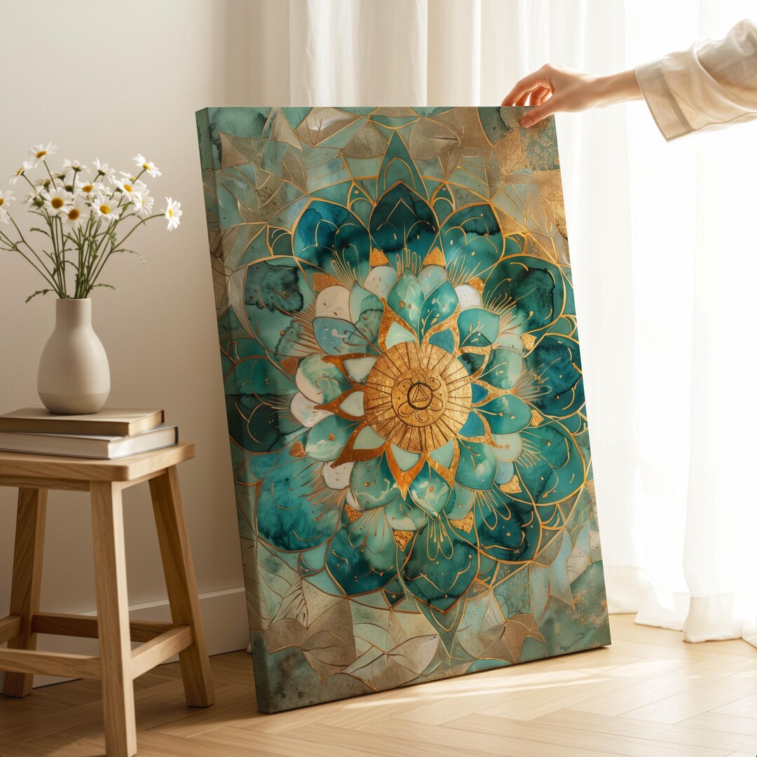Emerald Mandala Canvas – Sacred Geometry Sun Art Print With Gold Energy ...