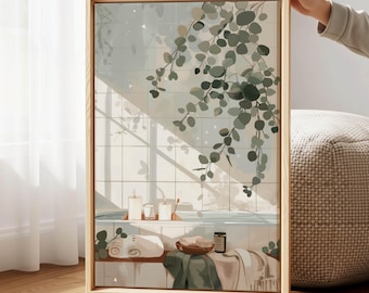 Relaxing Spa Bathroom Art – Minimalist Candle and Eucalyptus Wall Print