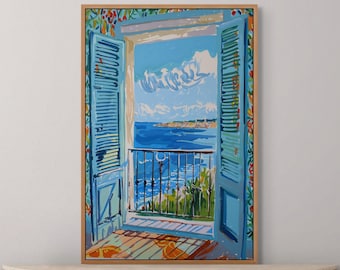 Impression Fenêtre Ouverte Henri Matisse - Toile balcon bord de mer pour décoration murale volet bleu