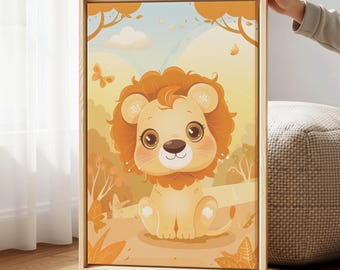Baby Lion Canvas Print – Warm Safari Nursery Wall Art
